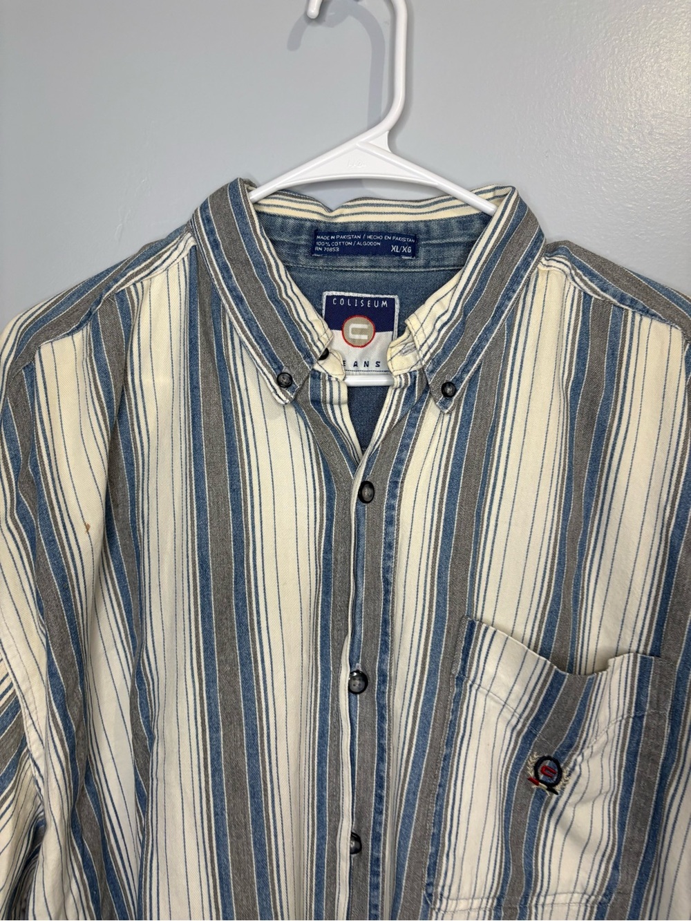 Vintage Coliseum Men's XL Short-Sleeve Button-Up Stripe Shirt Blue White Gray - Picture 4 of 16